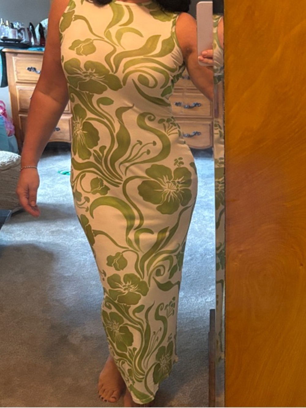 See You Monday Cream Maxi Dress with Green Floral Print